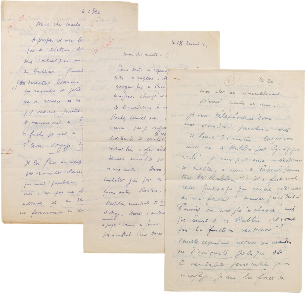 View full screen - View 1 of Lot 108. 3 lettres autographes signées à Albert Naud, son avocat, 1947-1950. 9 p. Sur Denoël et son procès..