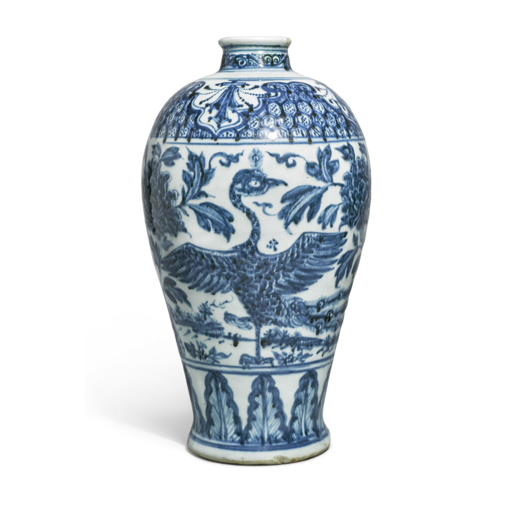 View full screen - View 1 of Lot 513. A RARE BLUE AND WHITE ‘PEACOCK’ MEIPING, MING DYNASTY, MID-15TH CENTURY.