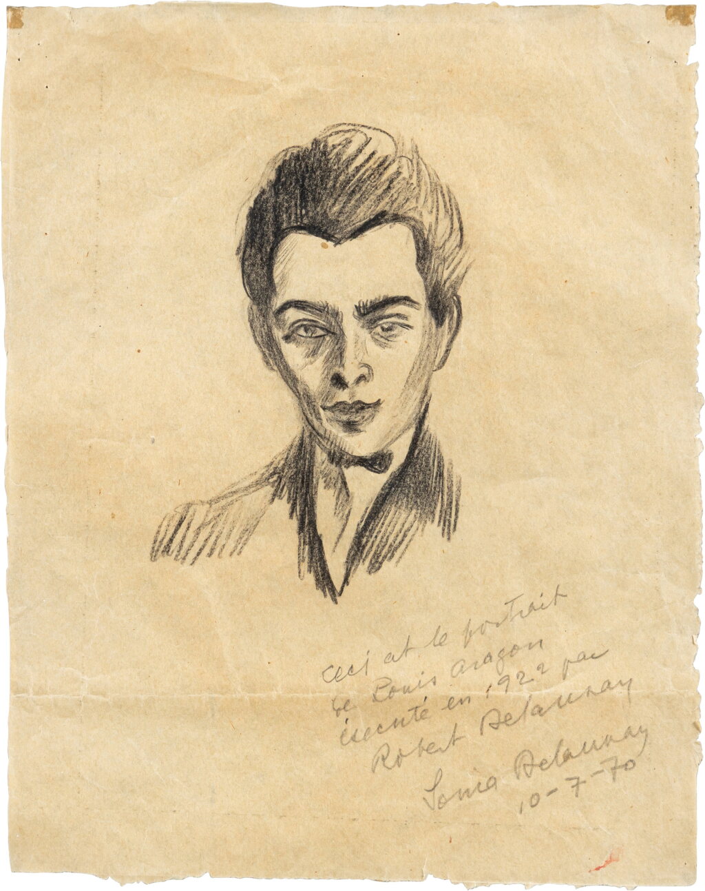 View full screen - View 1 of Lot 48. Portrait de Louis Aragon. 1922. Pierre noire sur papier calque. Étude du portrait du poète pour Télémaque. Envoi autographe signé de Sonia Delaunay..