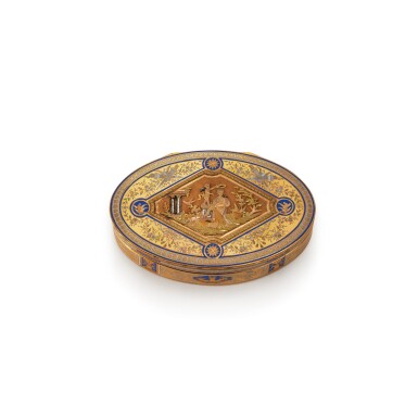 View full screen - View 1 of Lot 83. An Enameled Vari-Color Gold Oval Snuff Box Celebrating Love, Swiss or German, Circa 1790-1800.