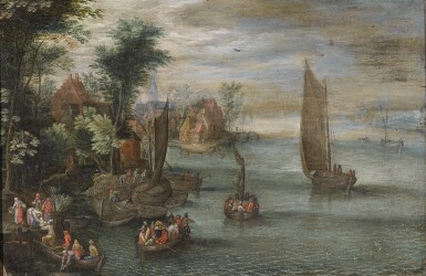 View full screen - View 1 of Lot 97. FOLLOWER OF JAN BRUEGHEL THE YOUNGER | River landscape with figures in boats and a village at the waters edge.