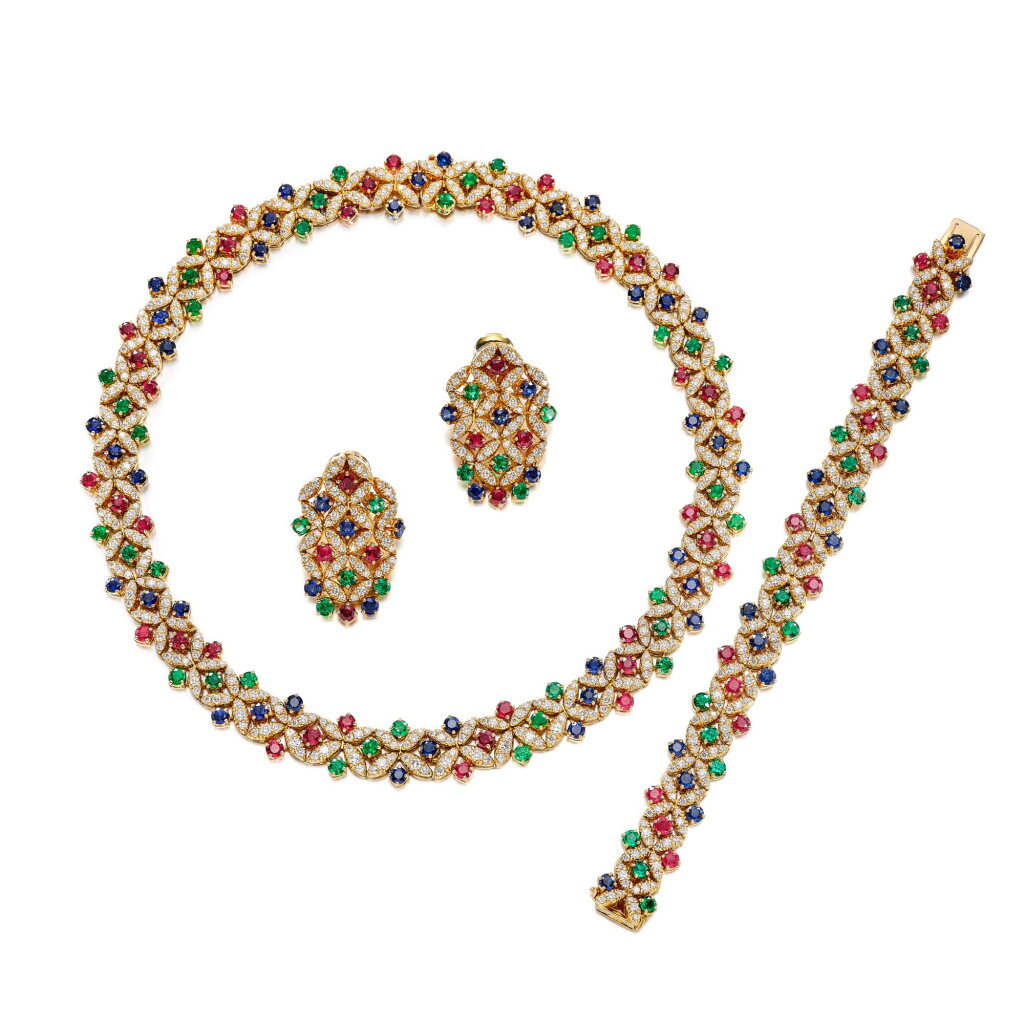 View full screen - View 1 of Lot 1879. Sapphire, Emerald, Ruby and Diamond Parure | Oscar Heyman & Brothers | 藍寶石,祖母綠 配 紅寶石 及 鑽石 項鏈,手鏈 及 耳墜 套裝.