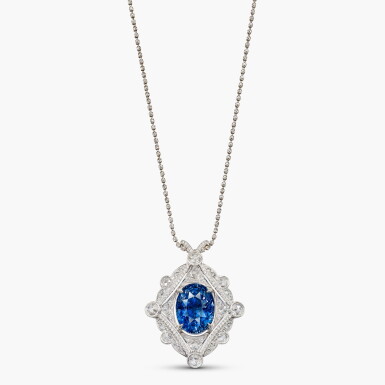 View full screen - View 1 of Lot 1684. Sapphire and Diamond Pendant Necklace | 26.01克拉 天然 「斯里蘭卡」未經加熱藍寶石 配 鑽石 吊墜項鏈 .
