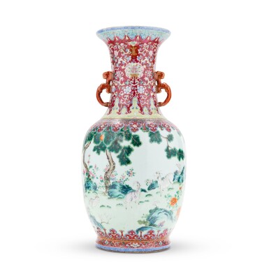 View full screen - View 1 of Lot 177. A large famille-rose ‘three rams’ vase Qing dynasty, Jiaqing-Daoguang period | 清乾隆至嘉慶 紫地粉彩三羊啓泰雙螭龍耳大瓶.