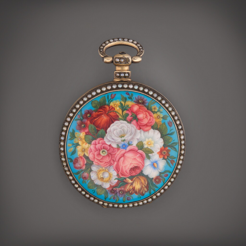 View full screen - View 1 of Lot 478. A gilt metal enamel and pearl set jump seconds watch for the Chinese market Circa 1860.