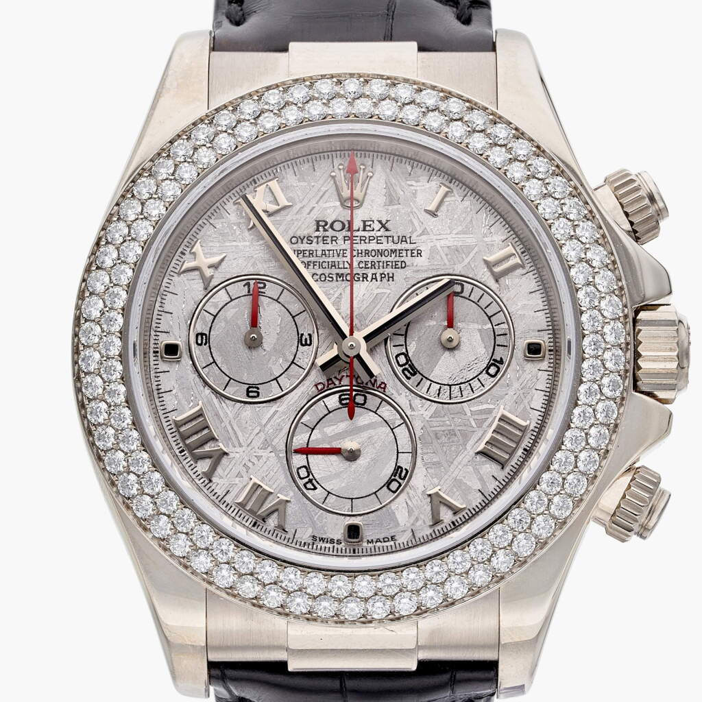 View full screen - View 1 of Lot 136. Reference 116589RBR Daytona | A white gold and diamond-set automatic wristwatch with meteorite dial, Circa 2011.