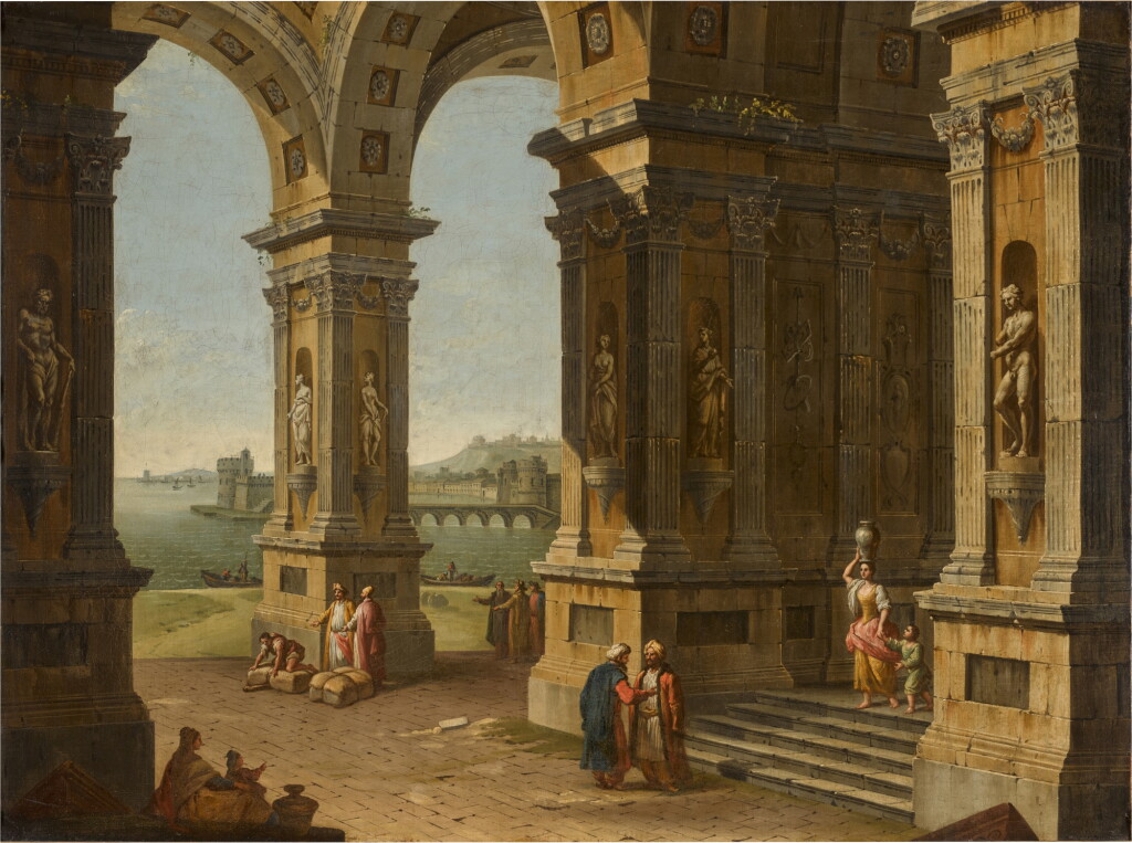 View full screen - View 1 of Lot 66. Architectural capriccio with figures in oriental dress, a Mediterranean port landscape in the background.