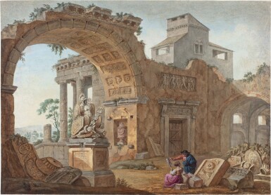 View full screen - View 1 of Lot 142. Figures amongst ancient Roman ruins.