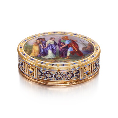 View full screen - View 1 of Lot 357. A Gold and Enamel Musical Snuff Box, Guidon, Rémond, Gide & Cie, Geneva, 1792-1800.