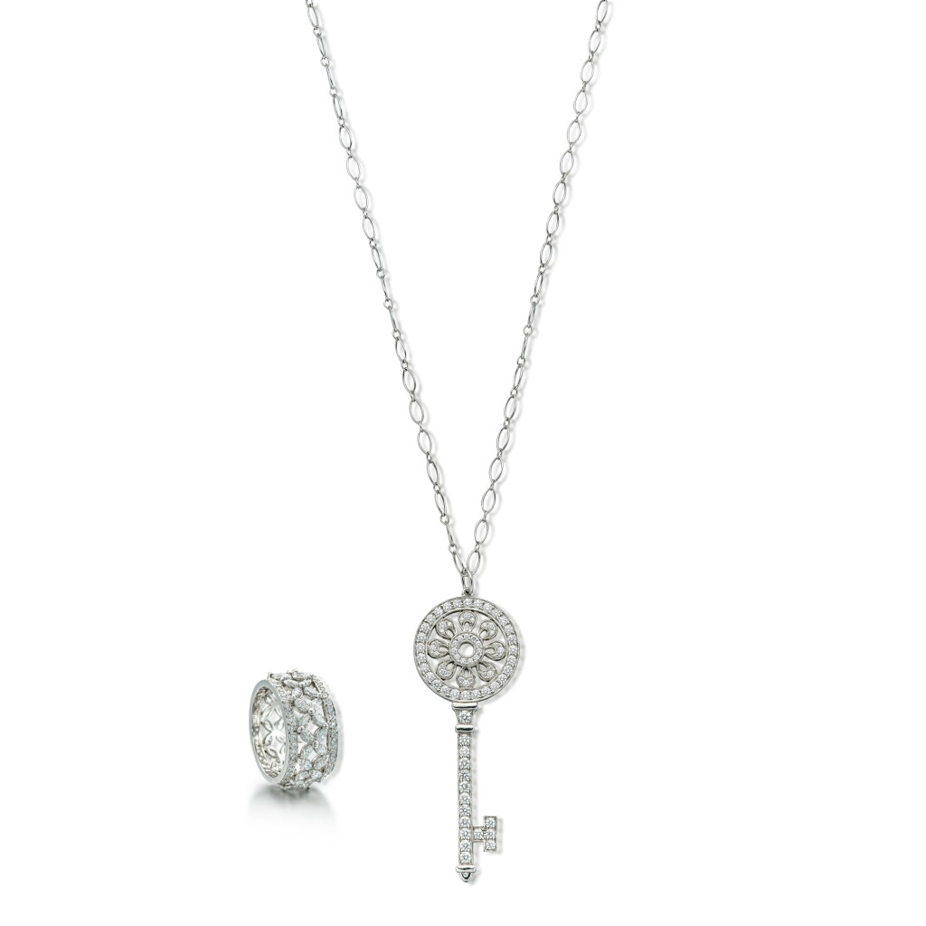 View full screen - View 1 of Lot 1705. ‘Tiffany Key’ Diamond Pendent Necklace and ‘Tiffany Victoria’ Diamond Ring | 蒂芙尼 | ‘Tiffany Key’ 鑽石 項鏈 及 ‘Tiffany Victoria’ 鑽石 戒指.