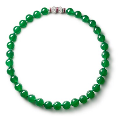 View full screen - View 1 of Lot 1864. A Very Impressive and Fine Jadeite Bead, Diamond and Ruby Necklace | 碩美非凡 天然翡翠珠 配 鑽石 及 紅寶石 項鏈.