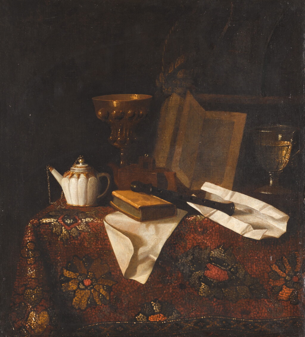 View full screen - View 1 of Lot 157. Still life with a teapot, chalice, recorder and carpet, on a table.