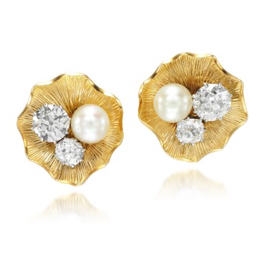 View full screen - View 1 of Lot 28. PAIR OF DIAMOND AND CULTURED PEARL EAR CLIPS.