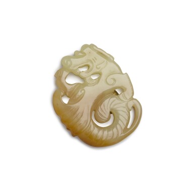 View full screen - View 1 of Lot 46. A yellow jade 'dragon' pendant, Qing dynasty, 18th century | 清十八世紀 黃玉鏤雕龍紋珮.