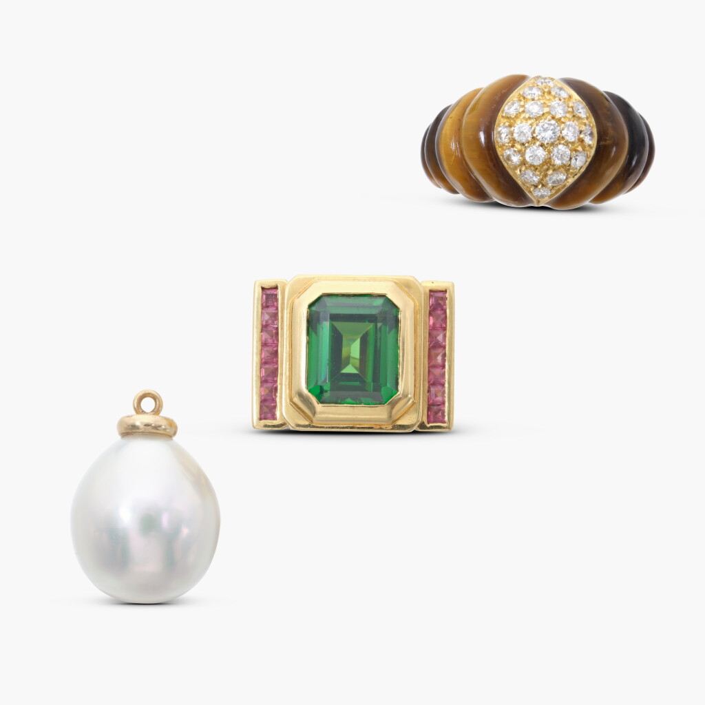 View full screen - View 1 of Lot 667. Tourmaline Ring, Sabbadini, a Tiger’s Eye and Diamond Ring and a Cultured Pearl Pendant.