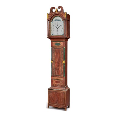 View full screen - View 1 of Lot 1657. FEDERAL POLYCHROME PAINT-DECORATED PINE TALL CASE CLOCK, WORKS PROBABLY BY MARK LEAVENWORTH, SOUTH SHAFTSBURY, VERMONT, CIRCA 1815.
