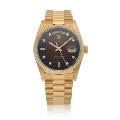 View full screen - View 1 of Lot 72. Day-Date, Ref. 18038 Yellow gold and diamond-set wristwatch with day, date, bracelet and dégradé dial Circa 1986 | 勞力士 | 18038型號「Day-Date」黃金鑲鑽石鍊帶腕錶備星期及日期顯示,約1986年製.