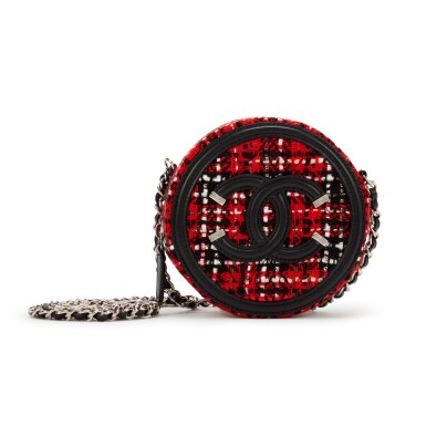 View full screen - View 1 of Lot 14. Red, White, and Black Tweed and Lambskin Filigree Round Clutch with Chain Silver Hardware, 2020.