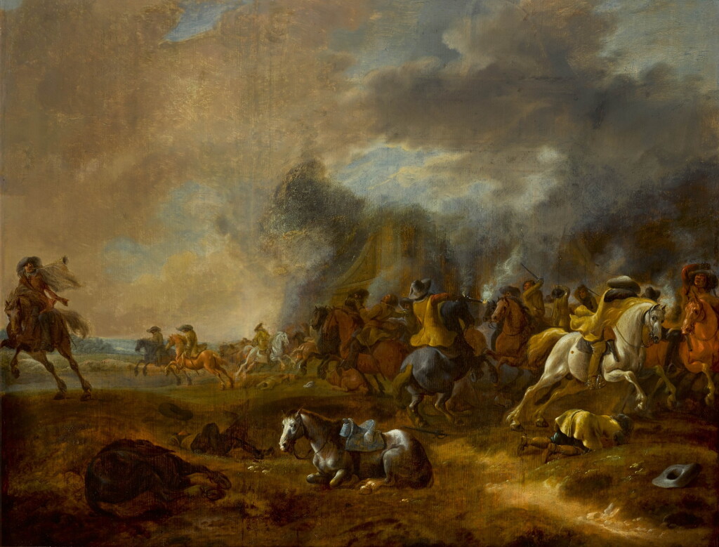 View full screen - View 1 of Lot 144. ATTRIBUTED TO JAN JACOBSZ. VAN DER STOFFE | A CAVALRY SKIRMISH.