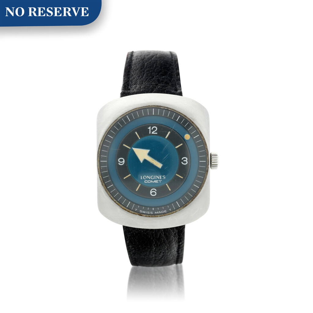 View full screen - View 1 of Lot 151. Reference 8475 Comet A stainless steel cushion shaped wristwatch with mystery dial, Circa 1970.