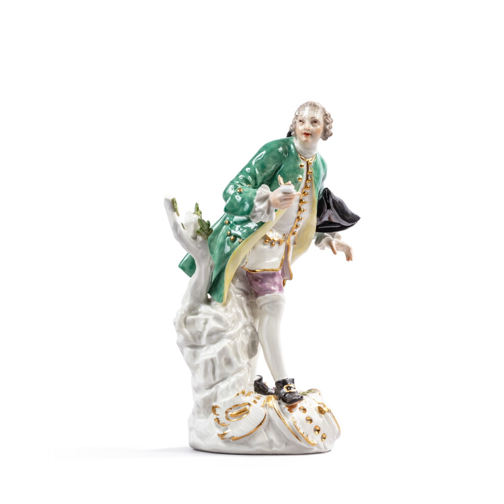 View full screen - View 1 of Lot 392. A Meissen porcelain figure of a cavalier holding a snuff box, circa 1755.