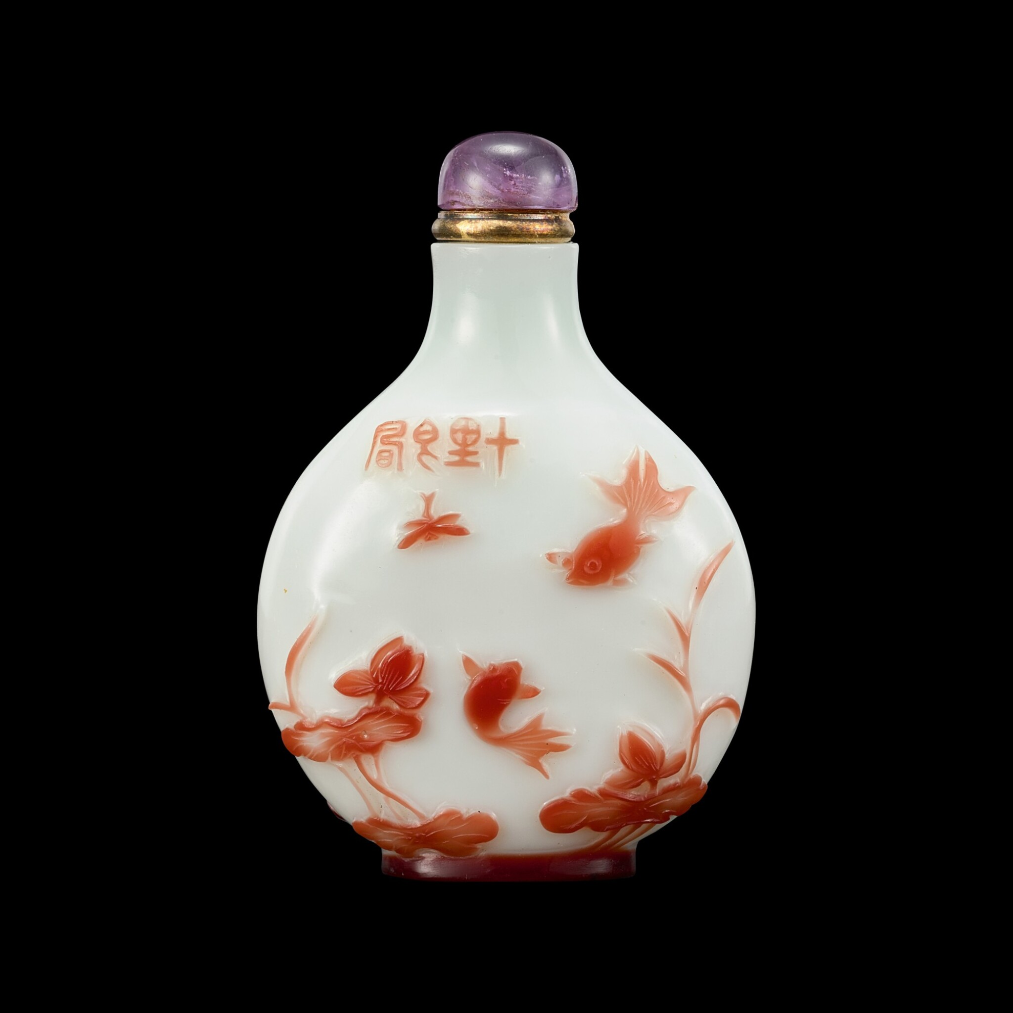 A Yangzhou Inscribed Red Overlay White Glass Snuff Bottle Qing Dynasty 19th Century 清十九世紀揚州作涅白地紅料蓮塘金魚及花鳥圖鼻煙壺 Snuff Bottles A Yangzhou Inscribed Red Overlay White Glass Snuff Bottle Qing Dynasty 19th Century 清十九世紀揚州作涅白地紅料蓮塘金魚及花鳥圖鼻煙壺 Snuff Bottles