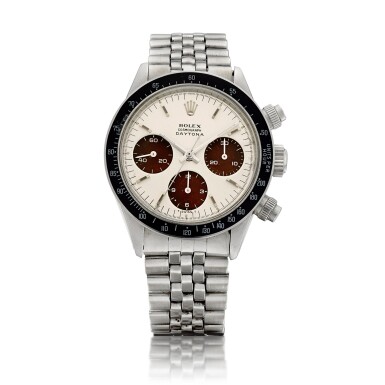View full screen - View 1 of Lot 2287. Cosmograph Daytona, Reference 6240 | A stainless steel chronograph wristwatch with tropical register and big logo bracelet, Circa 1966 | 勞力士 | Cosmograph Daytona 型號6240 | 精鋼計時鏈帶腕錶,備棕式錶盤及 big logo,約1966年製.