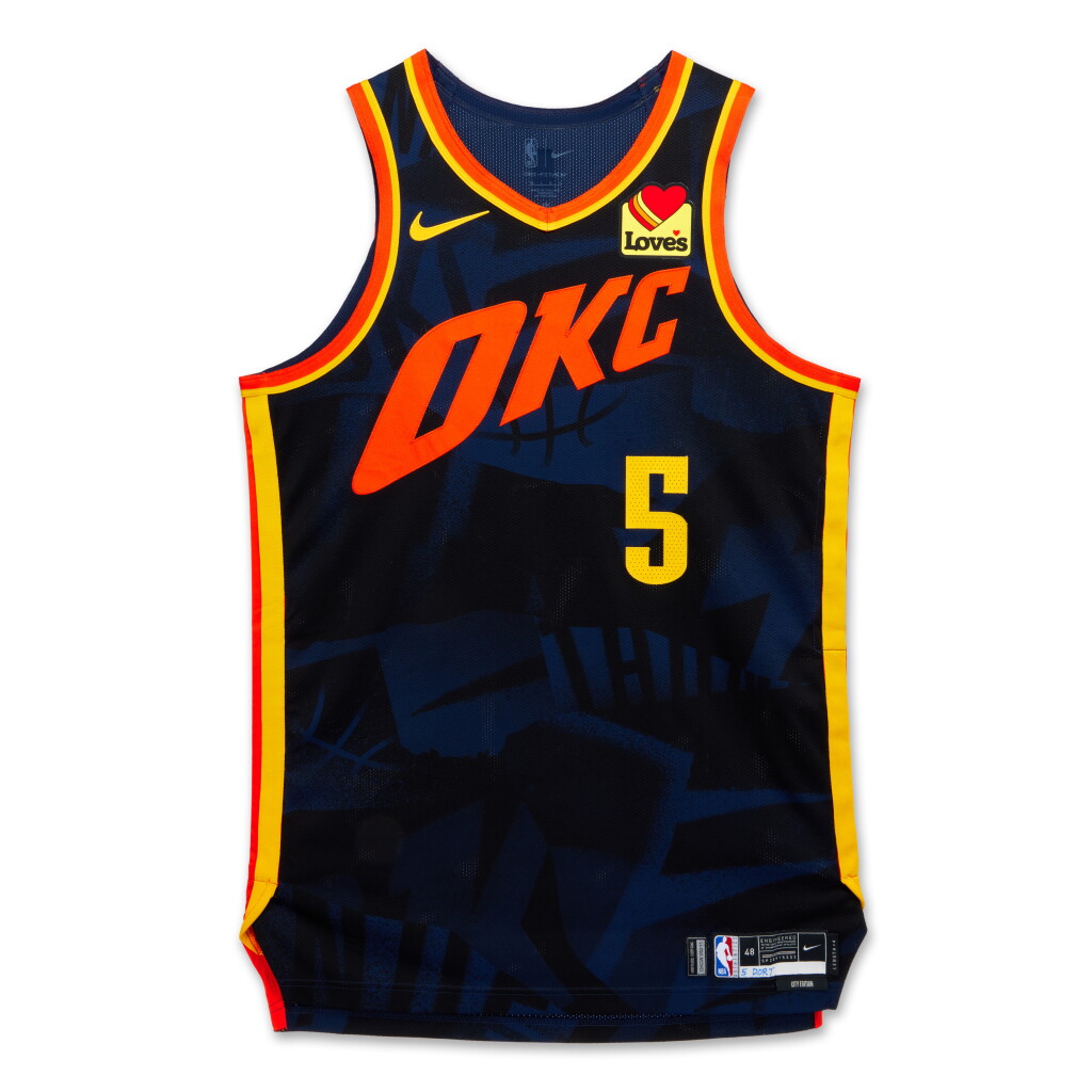 View full screen - View 1 of Lot 49. Luguentz Dort Oklahoma City Thunder 2023-2024 In-Season Tournament Game Worn City Edition Jersey.