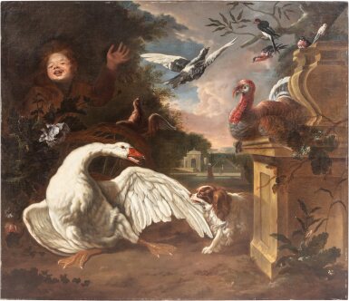 View full screen - View 1 of Lot 203. Garden landscape with a young child, birds, and a dog.