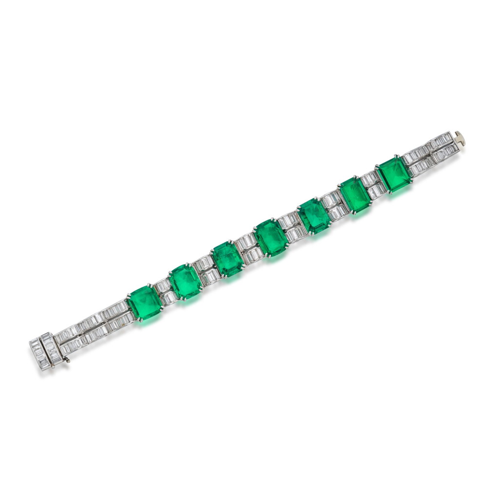 View full screen - View 1 of Lot 69. Fine Emerald and Diamond Bracelet.
