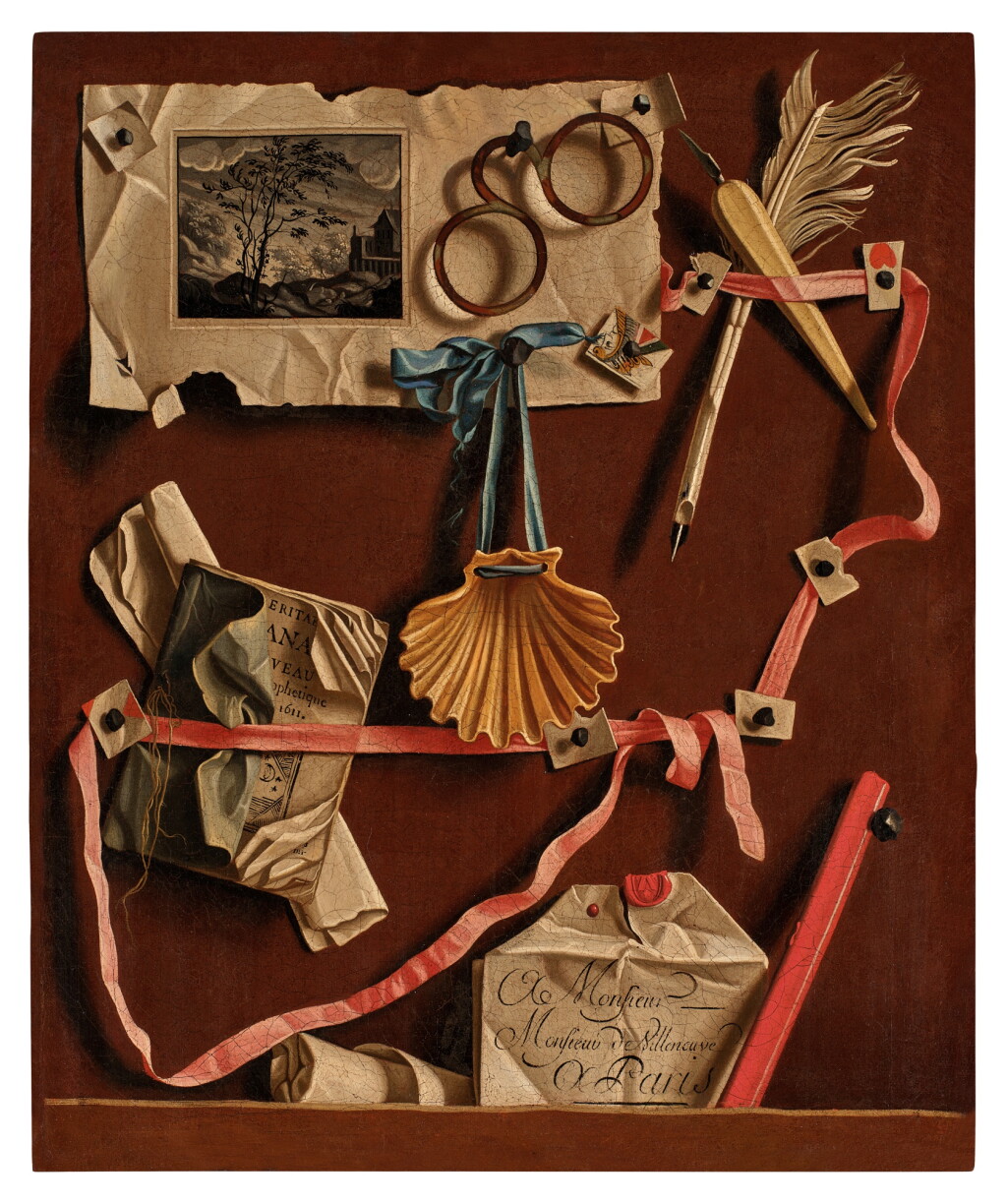 View full screen - View 1 of Lot 353. Trompe-l'Oeil of a Letter Board with a Venus Shell, a Print by Antonio Tempesta, Spectacles, a Quill, Penknife, Sealing Wax, a Letter to M. de Villeneuve at Paris, a Copy of Nostradamus and Cut Pieces of a Queen of Hearts.