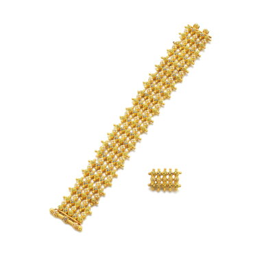 View full screen - View 1 of Lot 731. Gold and enamel bracelet and a brooch, circa 1870 and later.