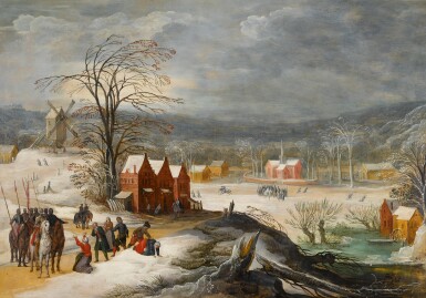 View full screen - View 1 of Lot 113. Winter landscape with soldiers plundering a village.