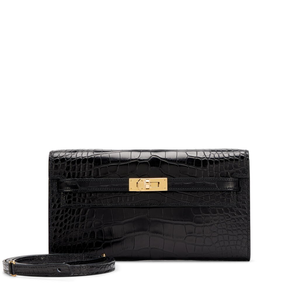 View full screen - View 1 of Lot 167. Black Matte Mississippiensis Alligator Kelly-to-Go Wallet Gold Hardware, 2025.