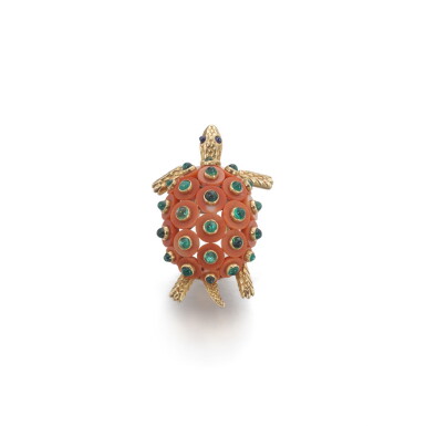 View full screen - View 1 of Lot 11. Coral, emerald and sapphire brooch, circa 1950.