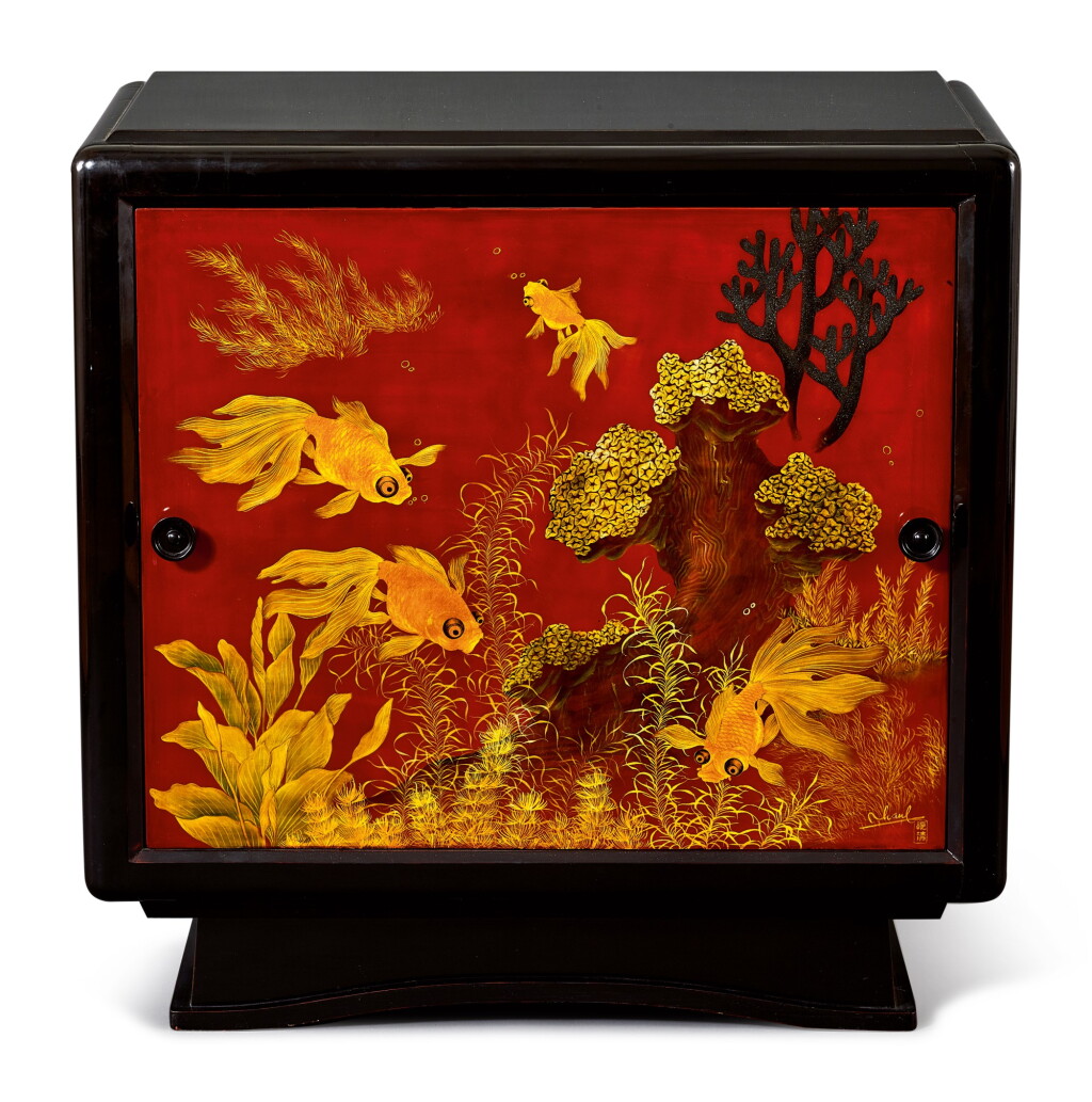 View full screen - View 1 of Lot 2031. Truong Van Thanh | A lacquer cabinet with a panel decorated with fish 漆木櫃, 畫板彩繪金魚.