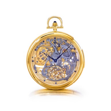 View full screen - View 1 of Lot 826. AUDEMARS PIGUET | REF 25593BA REPETITION MINUTES, A YELLOW GOLD SKELETONIZED OPEN FACED MINUTE REPEATING WATCH WITH SAPPHIRE SET HOUR MARKERS, CIRCA 1986 | 愛彼 | 25593BA型號「REPETITION MINUTES」黃金鏤空三問懷錶備藍寶石時標,年份約1986.