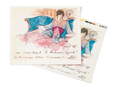 View full screen - View 1 of Lot 197. Two reproductions of Anna Piaggi after a drawing by Karl Lagerfeld.