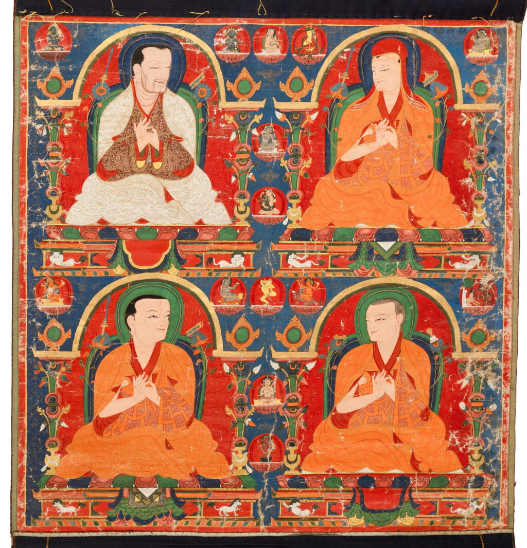 View full screen - View 1 of Lot 33. A well-preserved thangka depicting four Sakya Hierarchs, Tibet, Sakya school, Ngor monastery, 16th century | 薩迦派 俄爾寺 十六世紀 藏傳四喇嘛唐卡 設色布本.