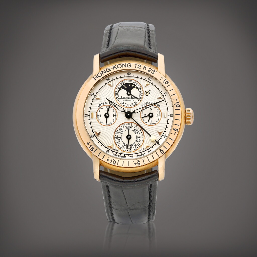 View full screen - View 1 of Lot 8870. Jules Audemars, Reference 25934 | A pink gold perpetual calendar wristwatch with equation of time, moon phases, sunrise, sunset and leap year indication, Circa 2004 | 愛彼 Jules Audemars 型號25934 | 粉紅金萬年曆腕錶,備時間等式、月相、日出、日落及閏年顯示,約2004年製.