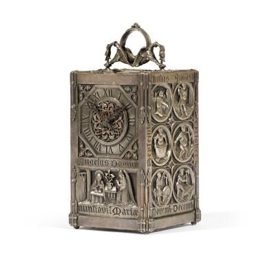 View full screen - View 1 of Lot 127. A rare gothic revival silver-plated repeating 'Angelus' carriage clock by Lucien Falize, Paris, circa 1880.