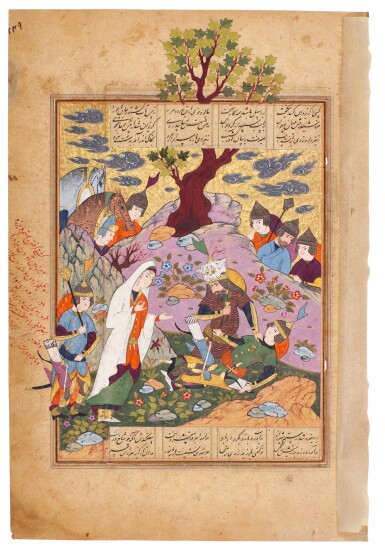 View full screen - View 1 of Lot 43. An illustrated and illuminated leaf from a manuscript of Firdausi's Shahnameh: Barzu's mother prevents Rustam from killing her son, Persia, Qazwin, Safavid, last quarter 16th century.
