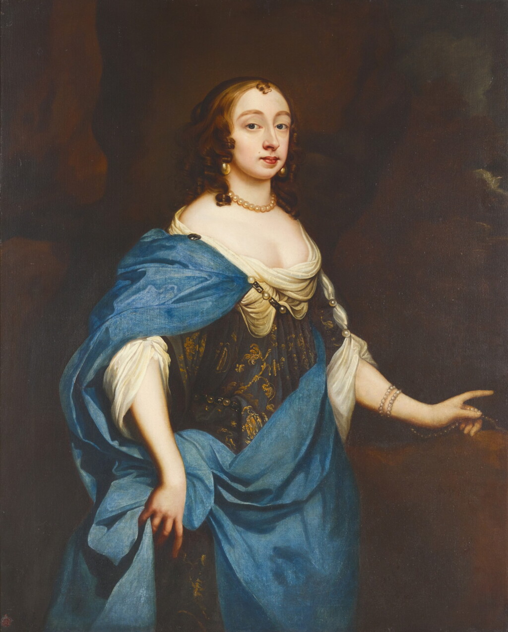 View full screen - View 1 of Lot 185. MANNER OF SIR PETER LELY | Portrait of a lady, three-quarter-length, in an embroidered dress with a blue silk wrap.