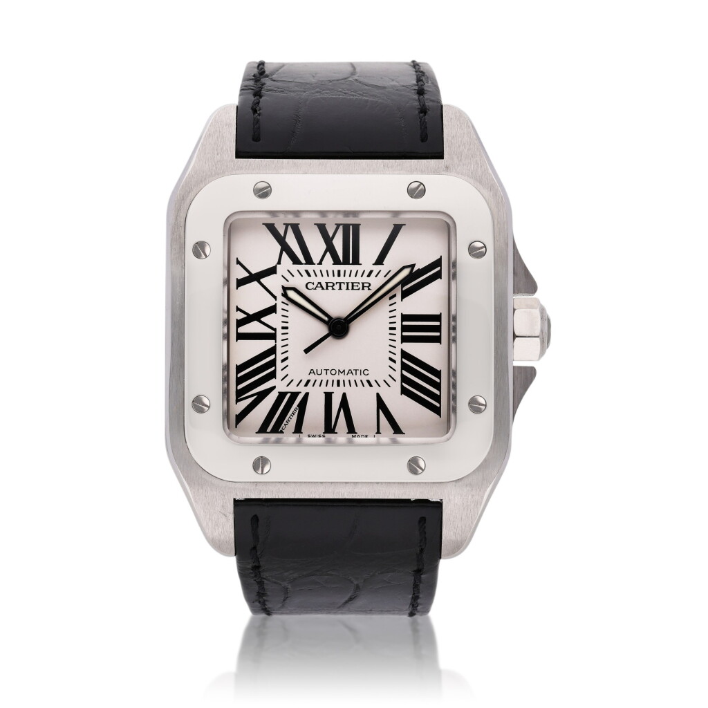 View full screen - View 1 of Lot 256. Reference 2656 Santos 100 | A stainless steel automatic square shaped wristwatch, Circa 2010.