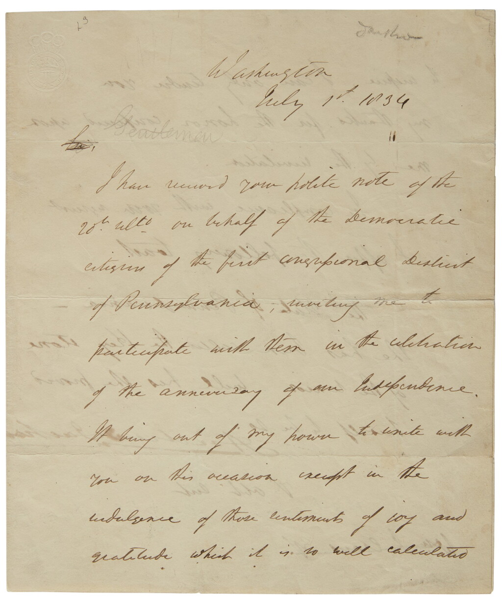 View full screen - View 1 of Lot 2120. Jackson, Andrew. Manuscript letter draft signed, to a Pennsylvania Fourth of July committee, 1 July 1834.
