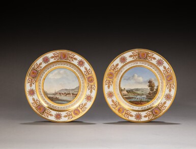 View full screen - View 1 of Lot 69. A pair of Sèvres (hard paste) porcelain topographical dessert plates from the ‘Service des Vues Suisses’ given by Emperor Napoléon I by Eugène de Beauharnais, 1811.