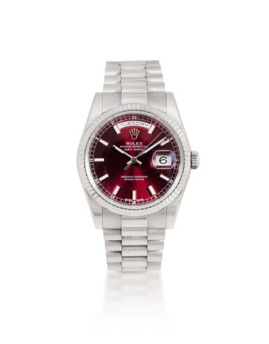 View full screen - View 1 of Lot 17. 'Cherry' Day-Date, Ref. 118239 Montre bracelet en or gris avec date, jour et cadran 'cerise' | White gold wristwatch with day, date, bracelet and 'cherry' dial Vers 2018 | Circa 2018.