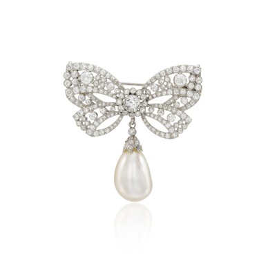 View full screen - View 1 of Lot 139. Natural pearl and diamond brooch, early 20th century.