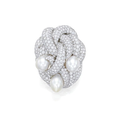View full screen - View 1 of Lot 127. David Webb | Cultured Pearl and Diamond Clip-Brooch.