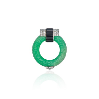 View full screen - View 1 of Lot 397. Jade, Onyx and Diamond Clip, Paris.